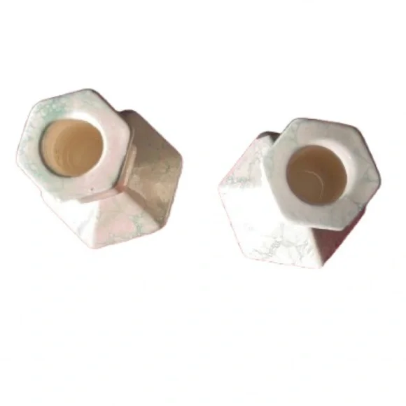 PartyLite Terrazzo P0591 cream and green marbled taper candlestick holder set - Picture 6 of 8